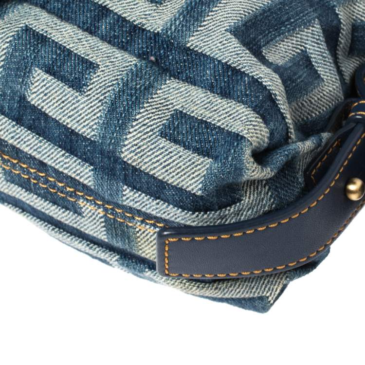 Pre Owned Givenchy Blue Monogram Denim and Leather Buckle Flap Hobo