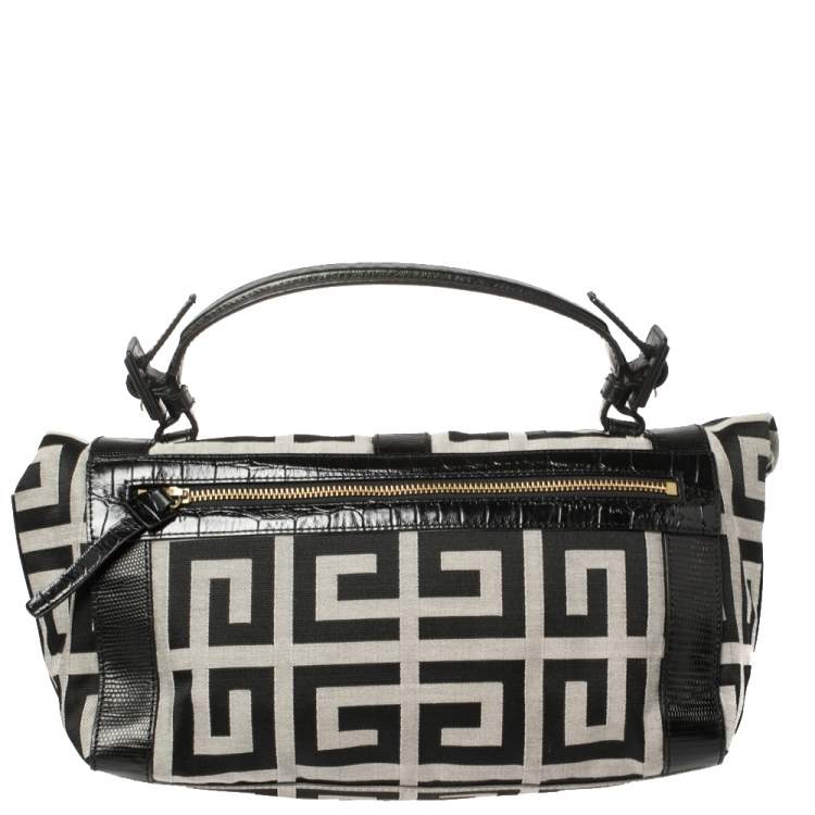 Pre Owned Givenchy Black Monogram Canvas and Embossed Leather Buckle Flap Top Handle Bag