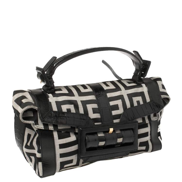 Pre Owned Givenchy Black Monogram Canvas and Embossed Leather Buckle Flap Top Handle Bag