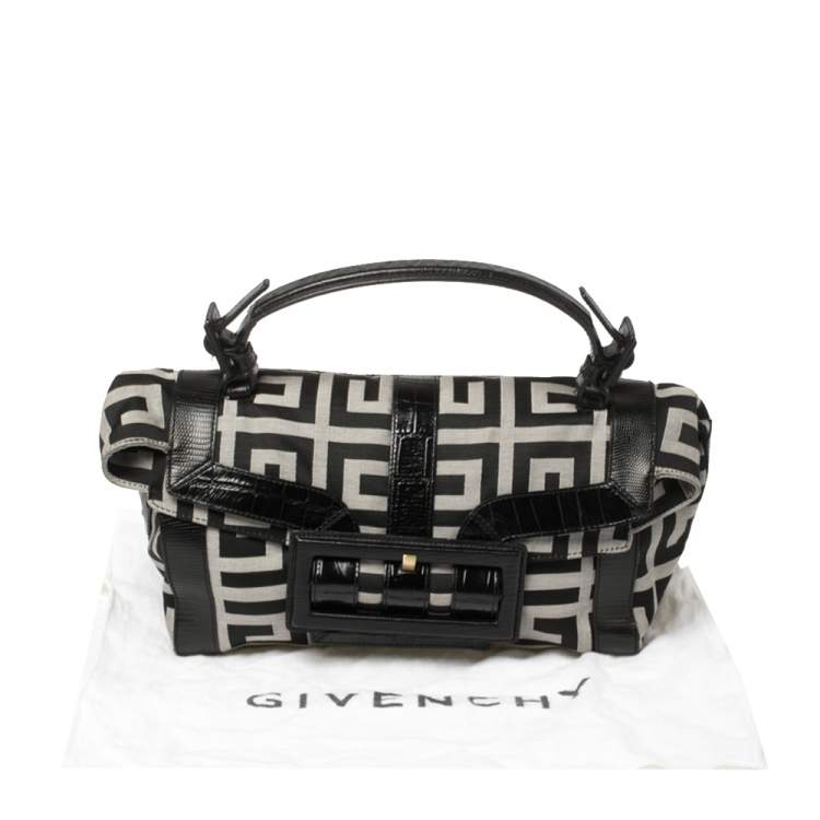Pre Owned Givenchy Black Monogram Canvas and Embossed Leather Buckle Flap Top Handle Bag