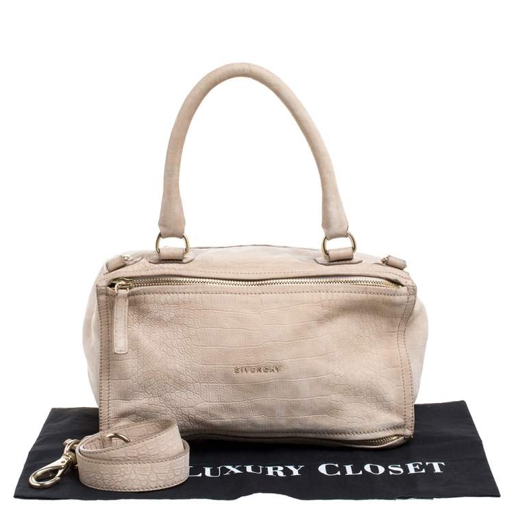 Pre Owned Givenchy Beige Nubuck Croc Embossed Leather Large Pandora Shoulder Bag