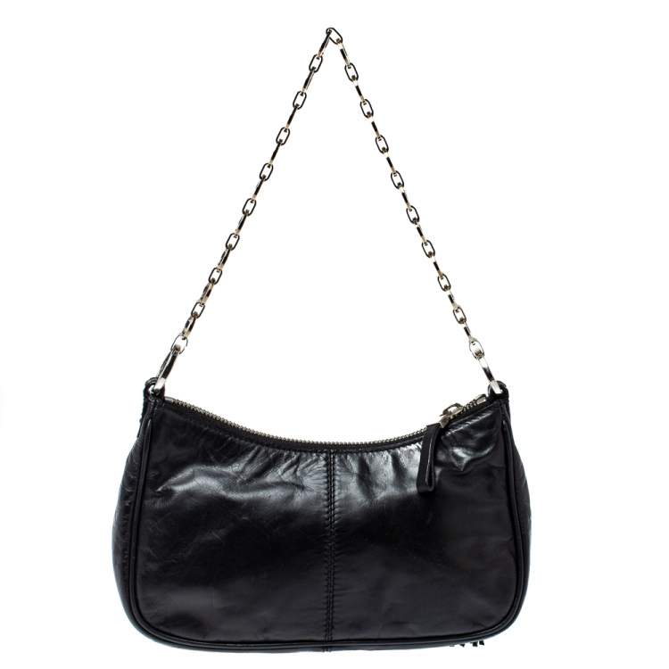 Pre Owned Givenchy Black Leather Tassel Pocket Chain Baguette Bag