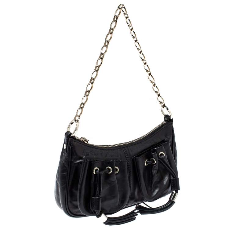 Pre Owned Givenchy Black Leather Tassel Pocket Chain Baguette Bag