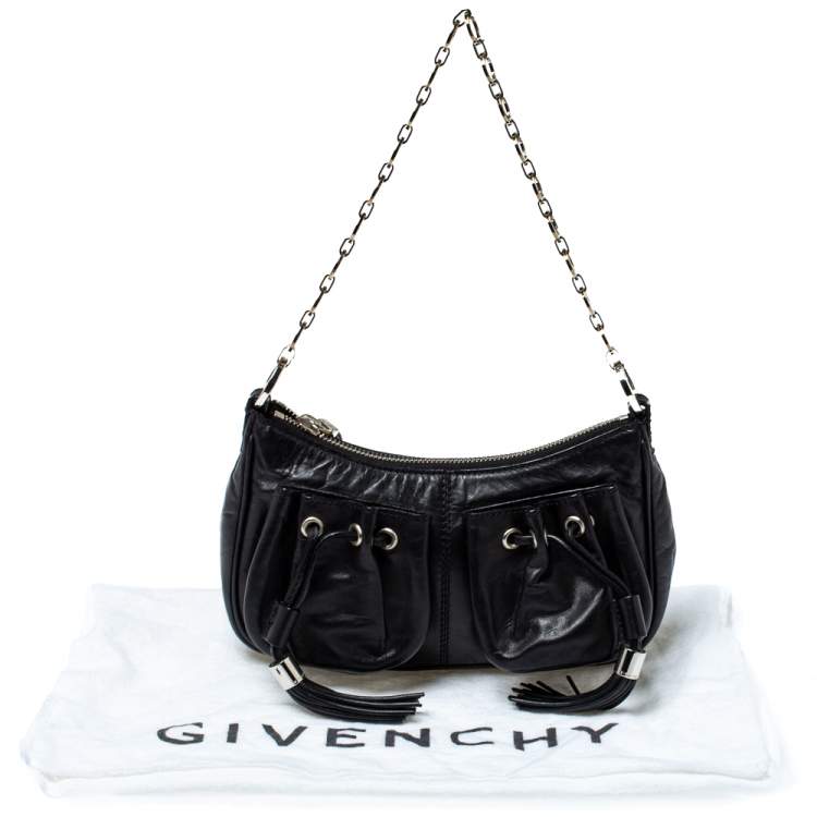 Pre Owned Givenchy Black Leather Tassel Pocket Chain Baguette Bag