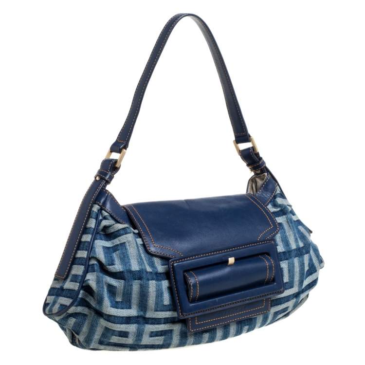 Pre Owned Givenchy Blue Monogram Denim and Leather Shoulder Bag