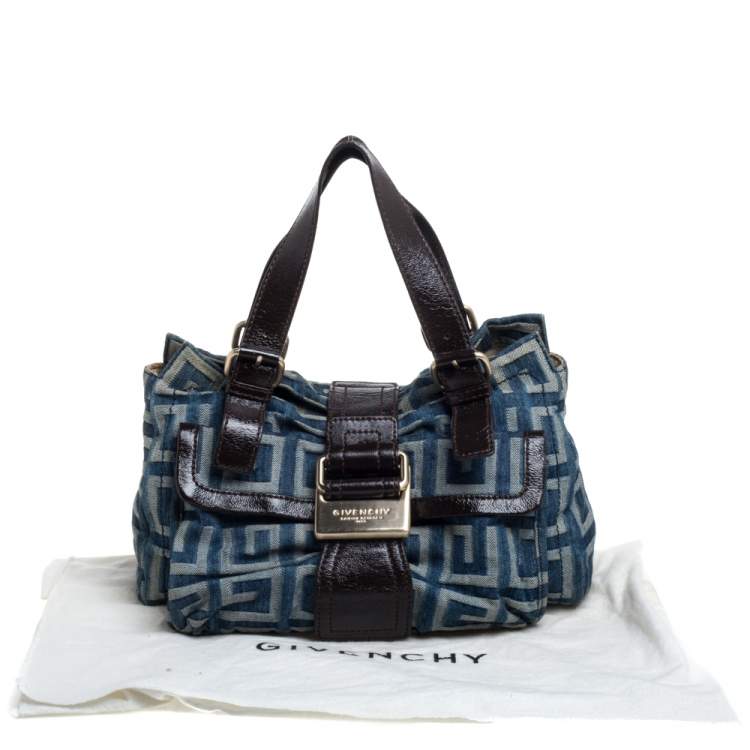 Pre Owned Givenchy Blue/Brown Monogram Denim and Glazed Leather Buckle Flap Shoulder Bag