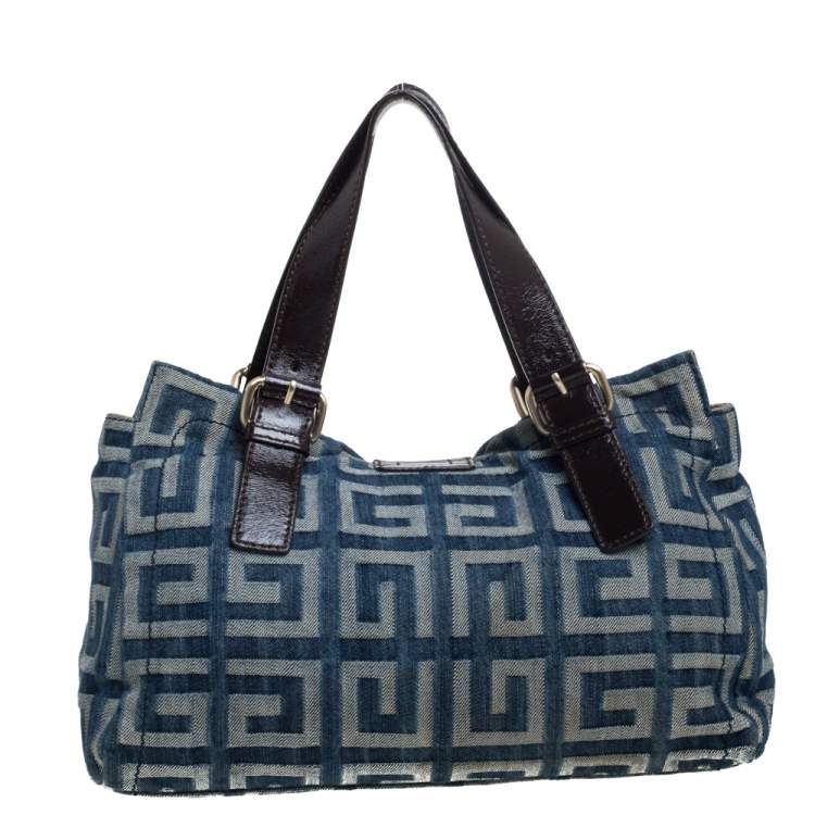 Pre Owned Givenchy Blue/Brown Monogram Denim and Glazed Leather Buckle Flap Shoulder Bag