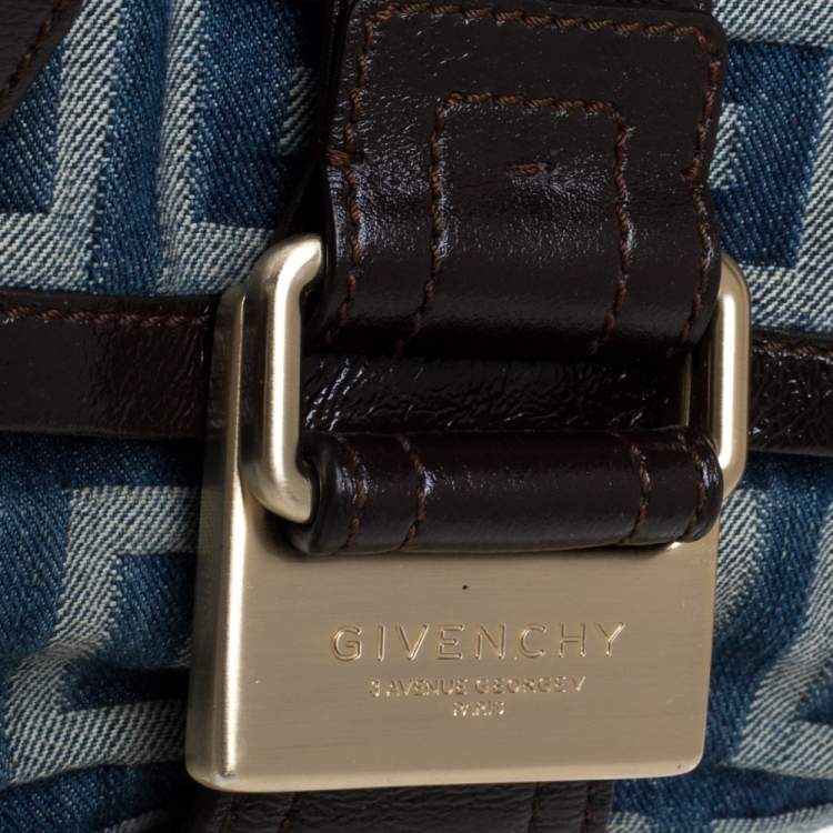 Pre Owned Givenchy Blue/Brown Monogram Denim and Glazed Leather Buckle Flap Shoulder Bag