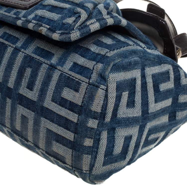 Pre Owned Givenchy Blue/Brown Monogram Denim and Glazed Leather Buckle Flap Shoulder Bag