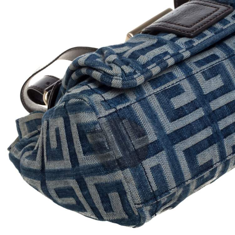 Pre Owned Givenchy Blue/Brown Monogram Denim and Glazed Leather Buckle Flap Shoulder Bag