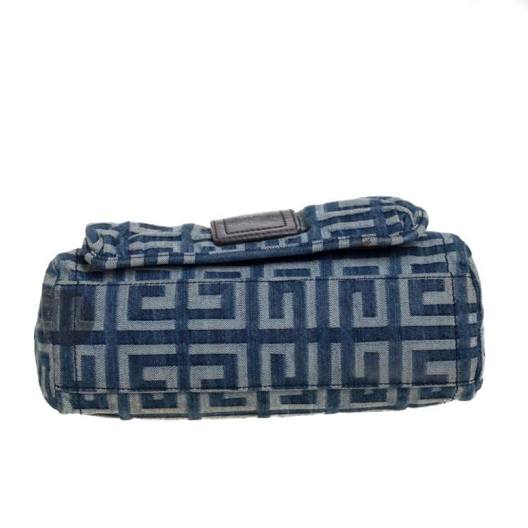 Pre Owned Givenchy Blue/Brown Monogram Denim and Glazed Leather Buckle Flap Shoulder Bag