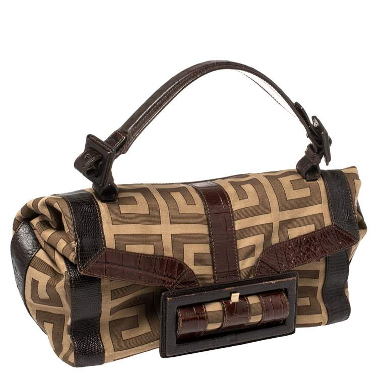 Pre Owned Givenchy Brown/Beige Monogram Canvas and Exotic Embossed Leather Buckle Flap Top Handle Bag
