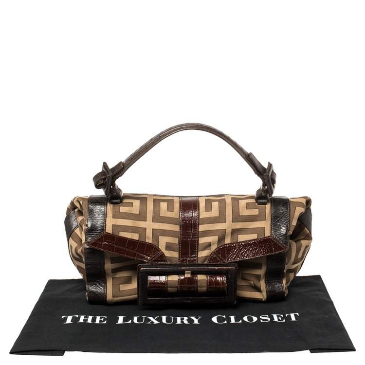 Pre Owned Givenchy Brown/Beige Monogram Canvas and Exotic Embossed Leather Buckle Flap Top Handle Bag