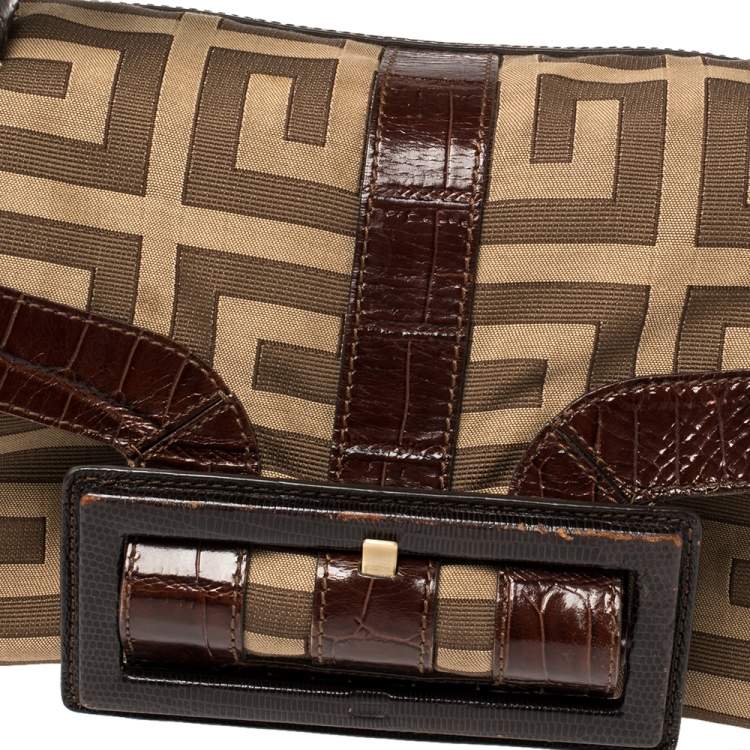 Pre Owned Givenchy Brown/Beige Monogram Canvas and Exotic Embossed Leather Buckle Flap Top Handle Bag