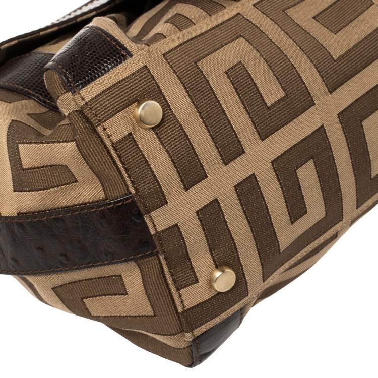 Pre Owned Givenchy Brown/Beige Monogram Canvas and Exotic Embossed Leather Buckle Flap Top Handle Bag