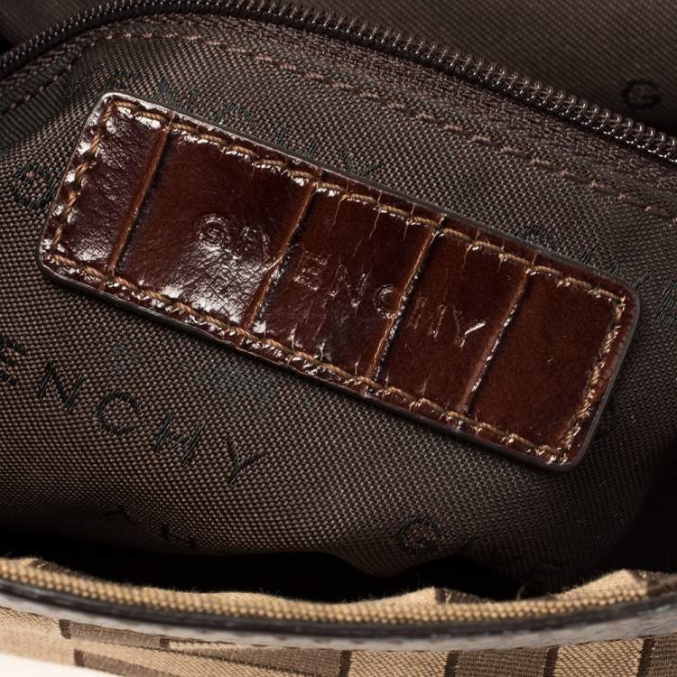 Pre Owned Givenchy Brown/Beige Monogram Canvas and Exotic Embossed Leather Buckle Flap Top Handle Bag