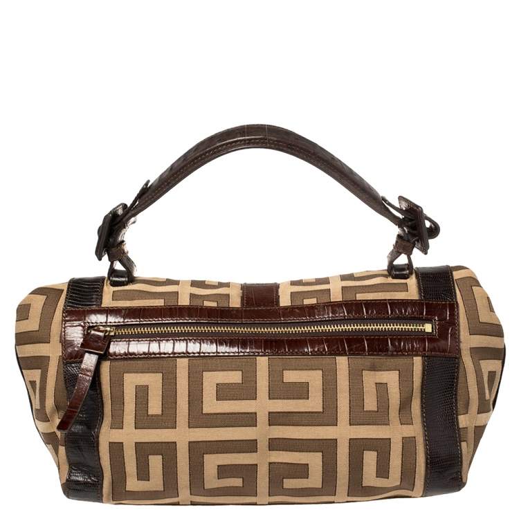 Pre Owned Givenchy Brown/Beige Monogram Canvas and Exotic Embossed Leather Buckle Flap Top Handle Bag