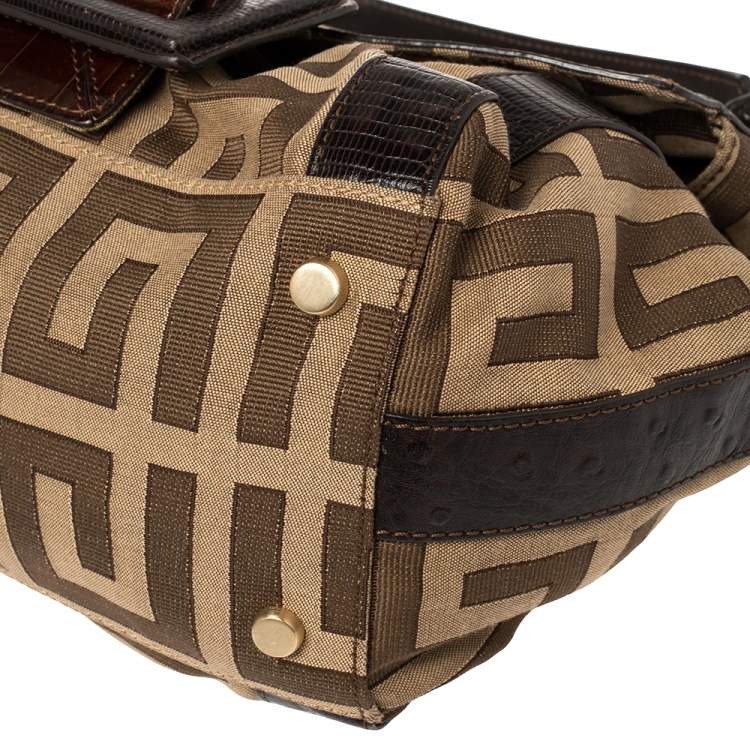 Pre Owned Givenchy Brown/Beige Monogram Canvas and Exotic Embossed Leather Buckle Flap Top Handle Bag