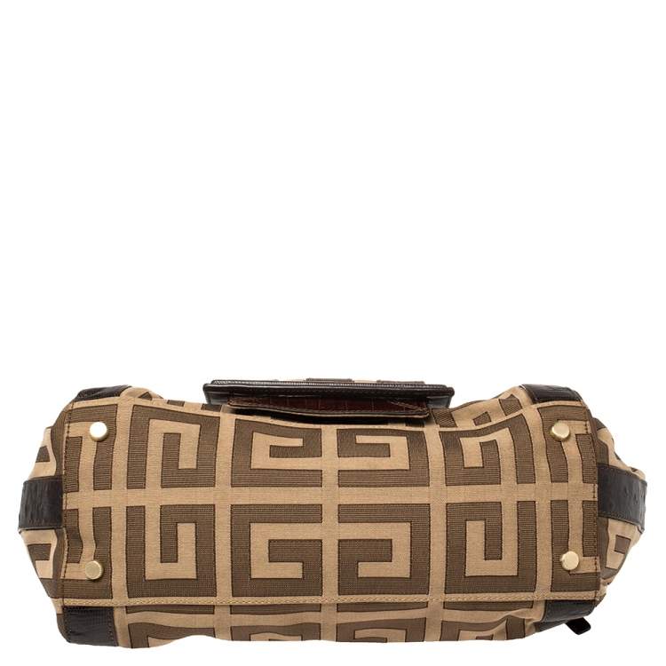 Pre Owned Givenchy Brown/Beige Monogram Canvas and Exotic Embossed Leather Buckle Flap Top Handle Bag