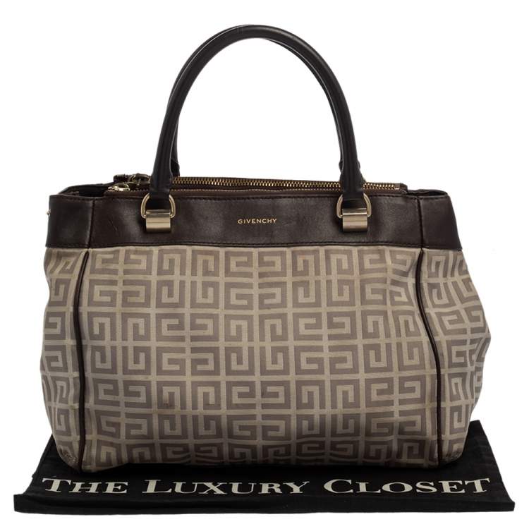 Pre Owned Givenchy Dark Brown/White Monogram Canvas and Leather Double Zip Tote