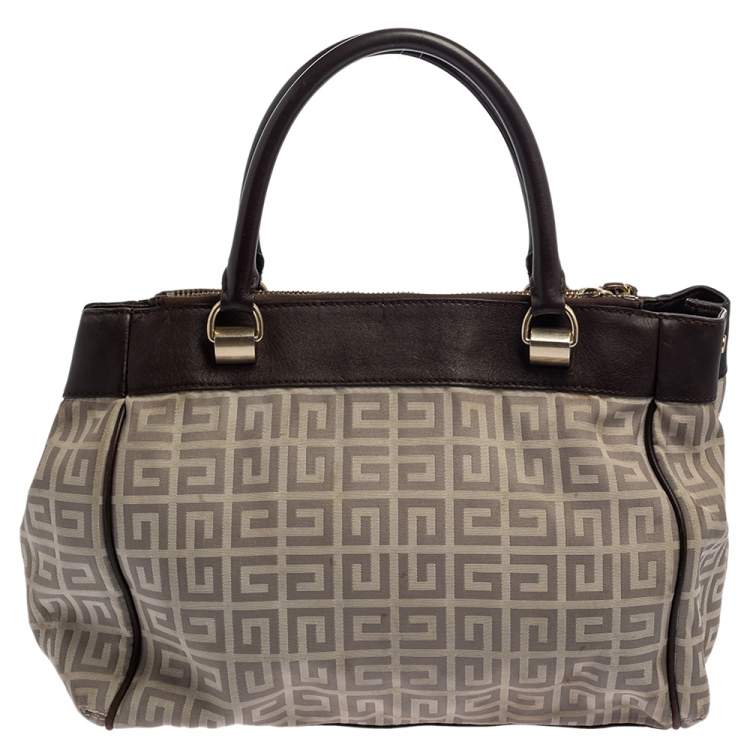 Pre Owned Givenchy Dark Brown/White Monogram Canvas and Leather Double Zip Tote