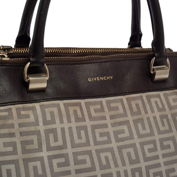 Pre Owned Givenchy Dark Brown/White Monogram Canvas and Leather Double Zip Tote