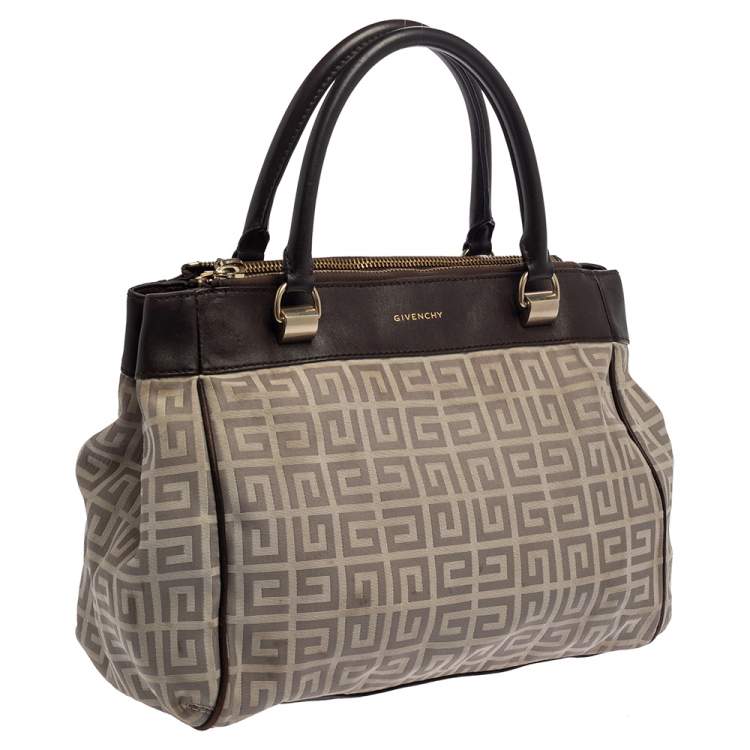 Pre Owned Givenchy Dark Brown/White Monogram Canvas and Leather Double Zip Tote