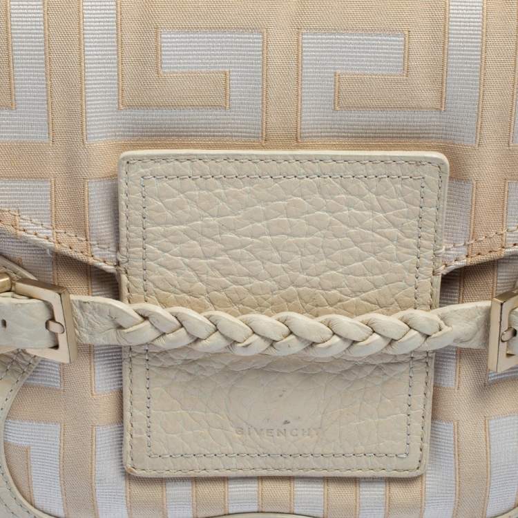Pre Owned Givenchy Cream/Beige Monogram Canvas and Leather Flap Baguette Bag