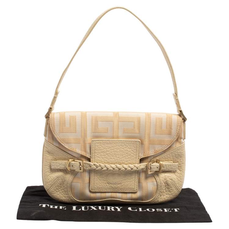 Pre Owned Givenchy Cream/Beige Monogram Canvas and Leather Flap Baguette Bag
