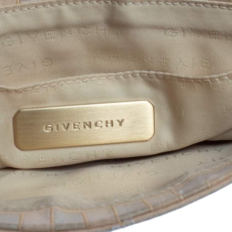 Pre Owned Givenchy Cream/Beige Monogram Canvas and Leather Flap Baguette Bag