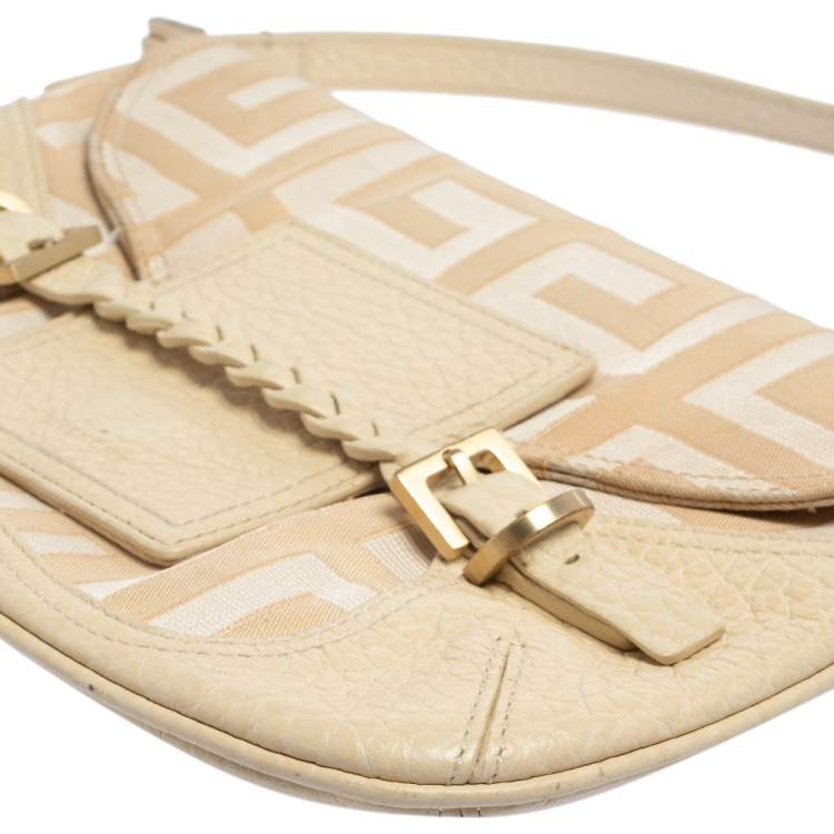 Pre Owned Givenchy Cream/Beige Monogram Canvas and Leather Flap Baguette Bag