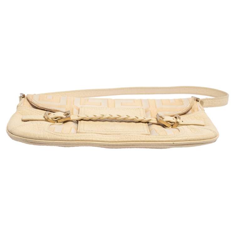 Pre Owned Givenchy Cream/Beige Monogram Canvas and Leather Flap Baguette Bag