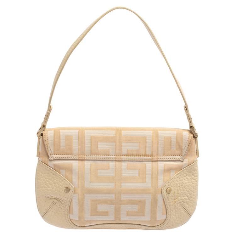 Pre Owned Givenchy Cream/Beige Monogram Canvas and Leather Flap Baguette Bag