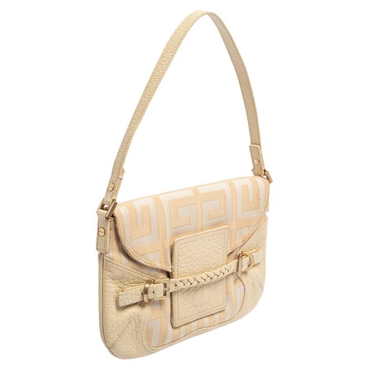 Pre Owned Givenchy Cream/Beige Monogram Canvas and Leather Flap Baguette Bag