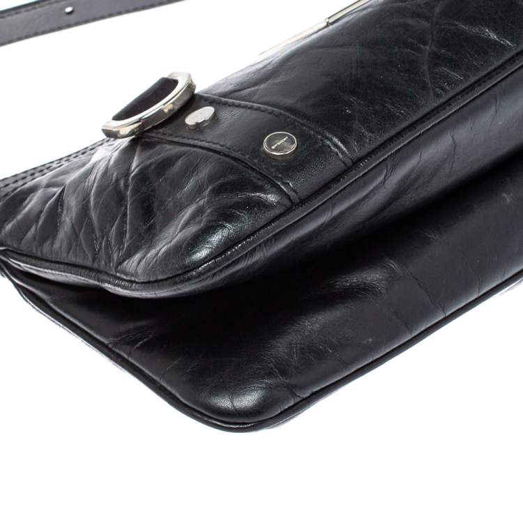 Pre Owned Givenchy Black Leather Logo Metal Baguette Shoulder Bag