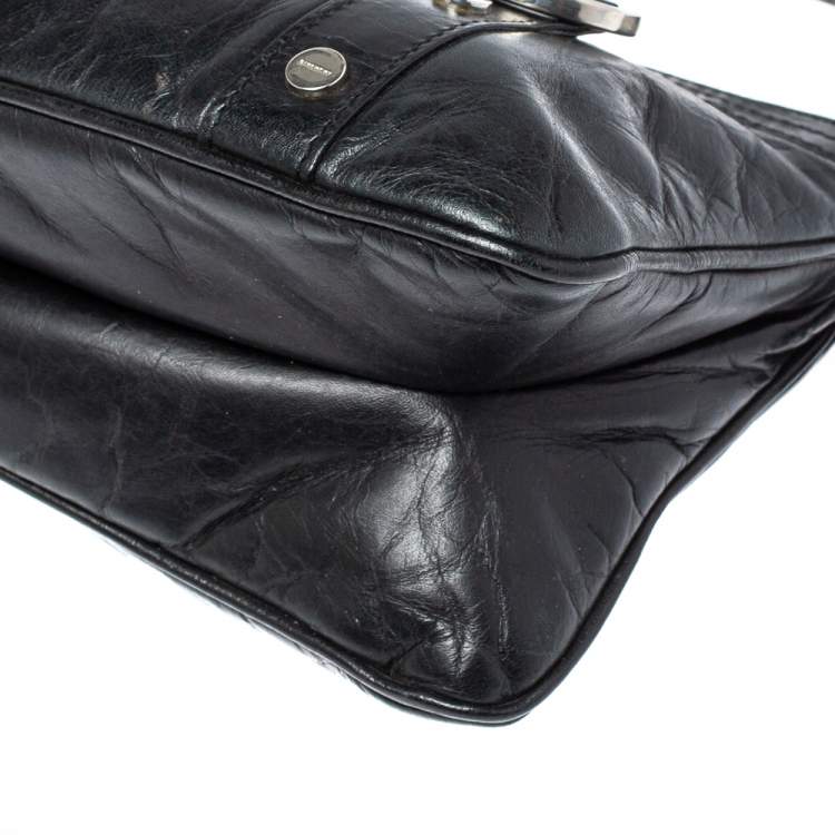 Pre Owned Givenchy Black Leather Logo Metal Baguette Shoulder Bag