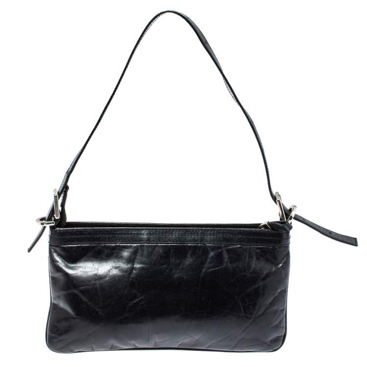 Pre Owned Givenchy Black Leather Logo Metal Baguette Shoulder Bag