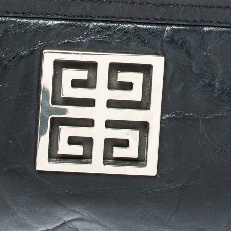 Pre Owned Givenchy Black Leather Logo Metal Baguette Shoulder Bag