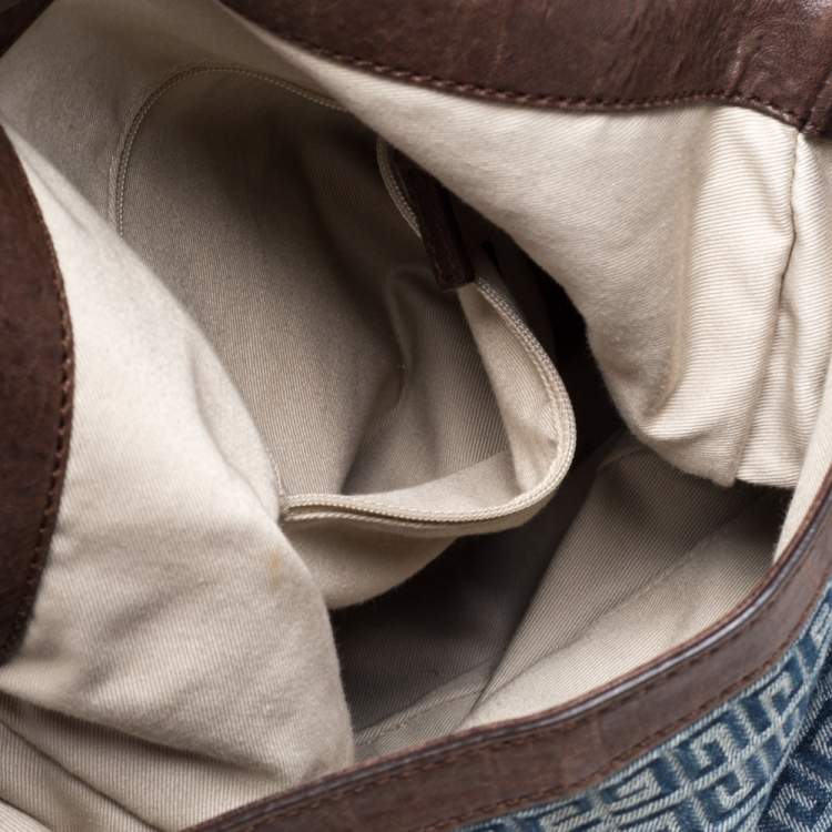 Pre Owned Givenchy Blue/Brown Monogram Denim and Leather Logo Plaque Hobo