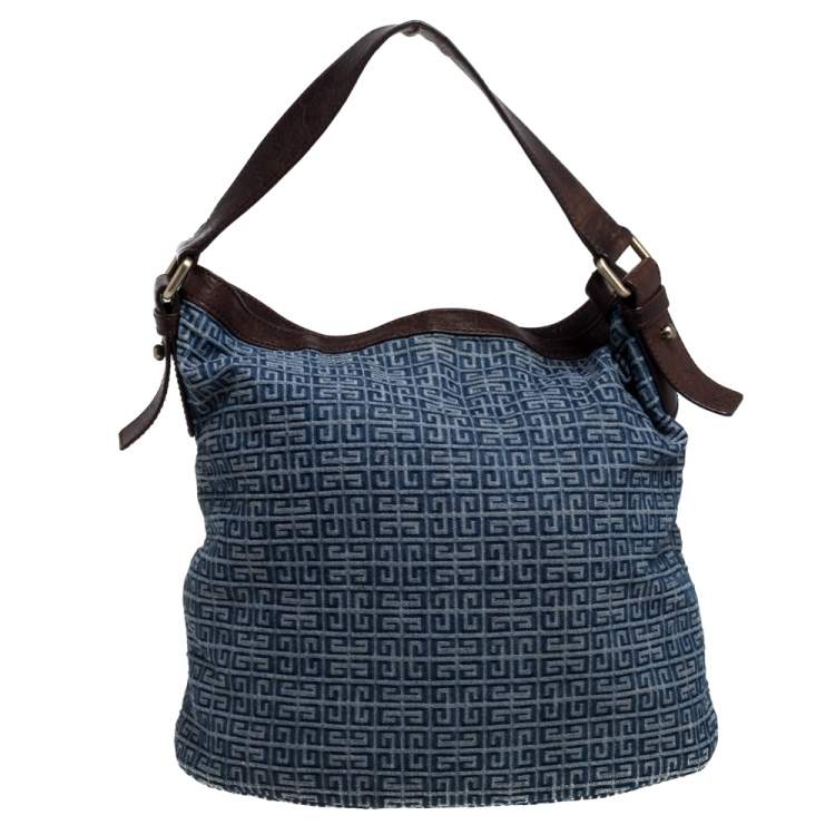 Pre Owned Givenchy Blue/Brown Monogram Denim and Leather Logo Plaque Hobo