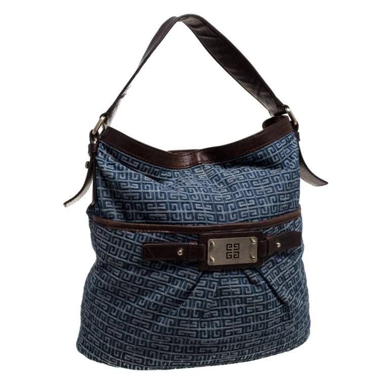 Pre Owned Givenchy Blue/Brown Monogram Denim and Leather Logo Plaque Hobo