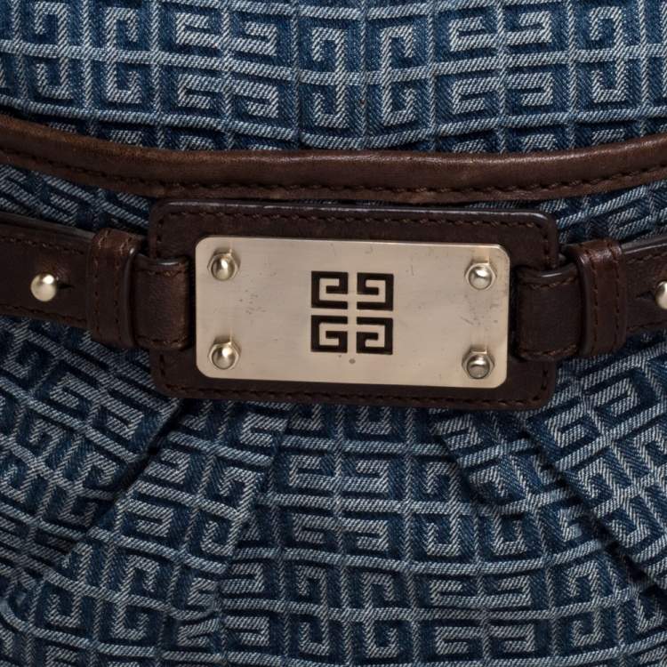 Pre Owned Givenchy Blue/Brown Monogram Denim and Leather Logo Plaque Hobo