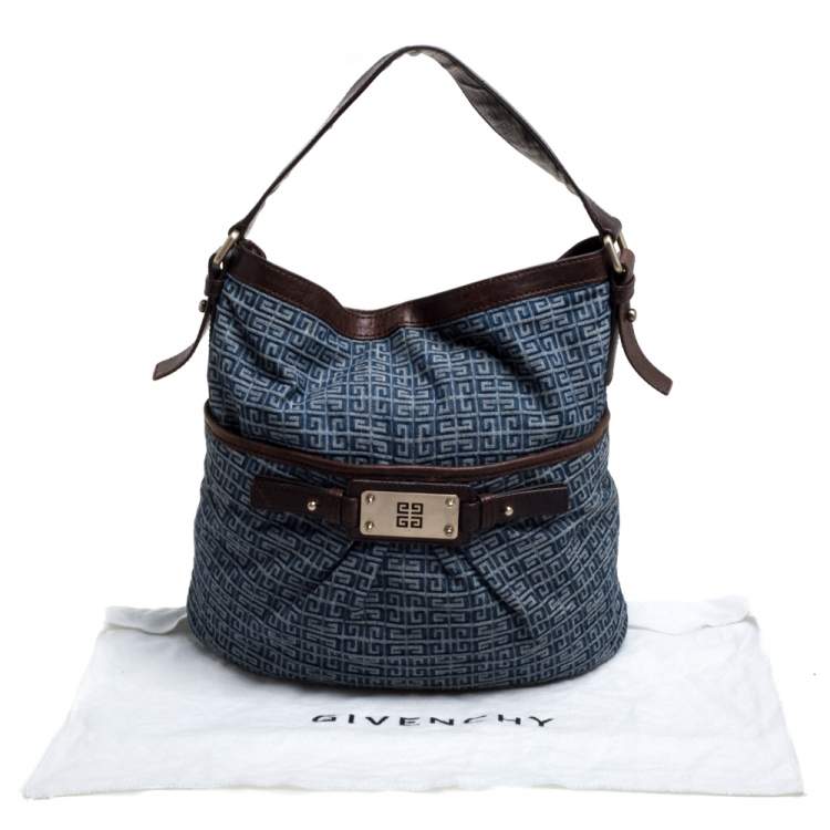 Pre Owned Givenchy Blue/Brown Monogram Denim and Leather Logo Plaque Hobo