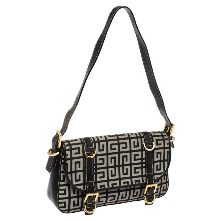 Pre Owned Givenchy Black Monogram Canvas and Leather Double Buckle Flap Shoulder Bag