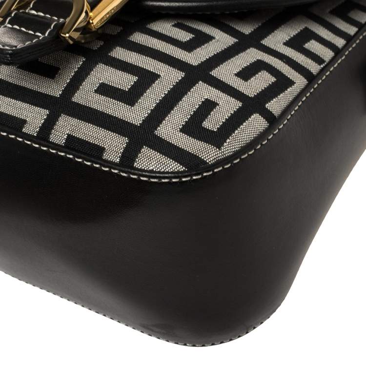 Pre Owned Givenchy Black Monogram Canvas and Leather Double Buckle Flap Shoulder Bag