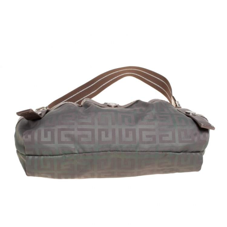 Pre Owned Givenchy Green/Brown Monogram Fabric and Leather Clasp Flap Hobo