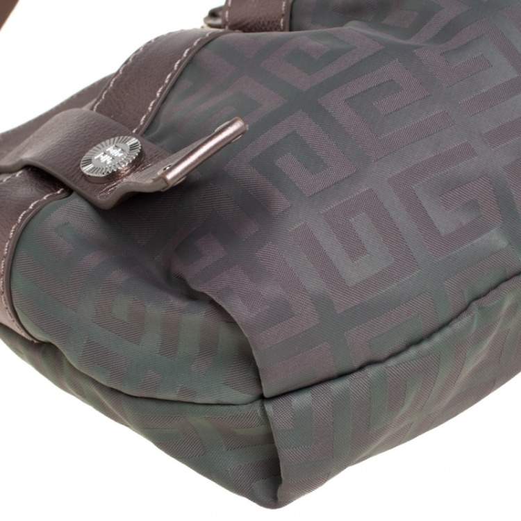 Pre Owned Givenchy Green/Brown Monogram Fabric and Leather Clasp Flap Hobo