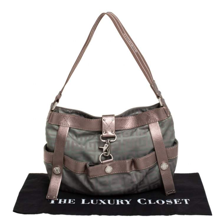 Pre Owned Givenchy Green/Brown Monogram Fabric and Leather Clasp Flap Hobo
