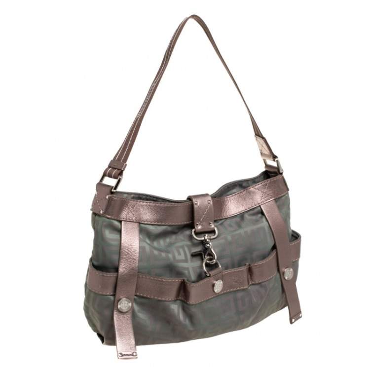 Pre Owned Givenchy Green/Brown Monogram Fabric and Leather Clasp Flap Hobo