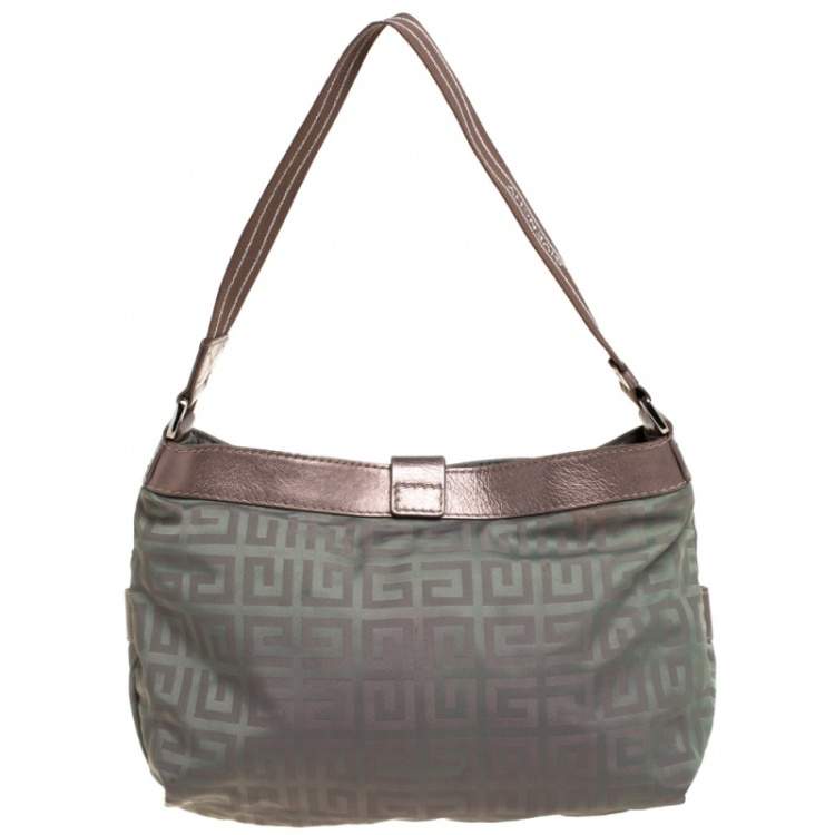 Pre Owned Givenchy Green/Brown Monogram Fabric and Leather Clasp Flap Hobo